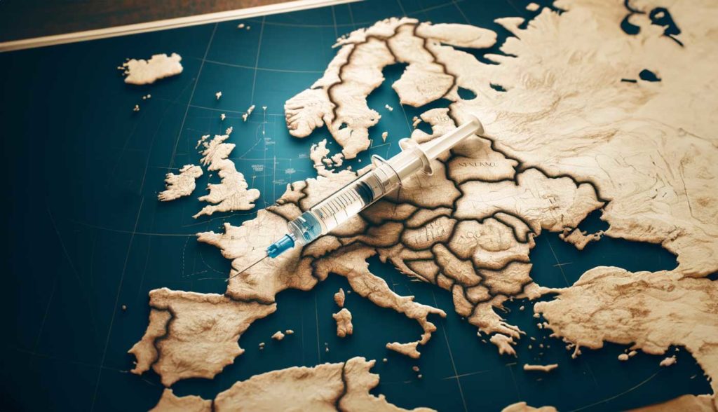 image featuring a detailed map of Europe with a syringe placed on top of it, symbolizing the field of aesthetic medicine across the continent